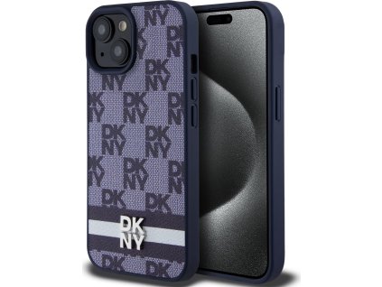 DKNY PU Leather Checkered Pattern and Stripe Zadný Kryt pre iPhone 15 Blue