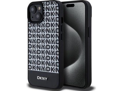 DKNY PU Leather Repeat Pattern Bottom Stripe MagSafe Zadný Kryt pre iPhone 15 Black