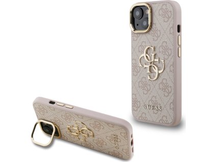 Guess PU 4G Metal Logo Stand Camera Frame Zadní Kryt pro iPhone 15 Pink