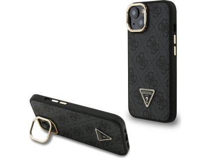 Guess PU 4G Strass Triangle Logo Stand Camera Frame MagSafe Zadní Kryt pro iPhone 15 Black