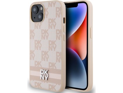 DKNY PU Leather Checkered Pattern and Stripe Zadní Kryt pro iPhone 15 Pink