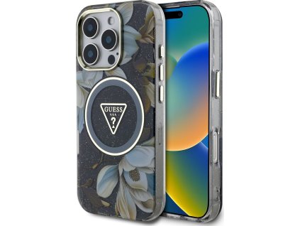 Guess IML Glitter Magnolia and Triangle Logo MagSafe Zadní Kryt pro iPhone 16 Pro Max Black