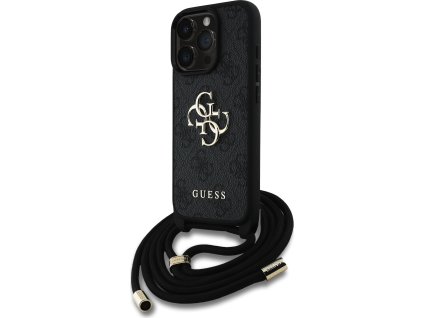 Guess PU 4G Metal Logo Crossbody Popruh Zadný Kryt pre iPhone 16 Pro Max Black