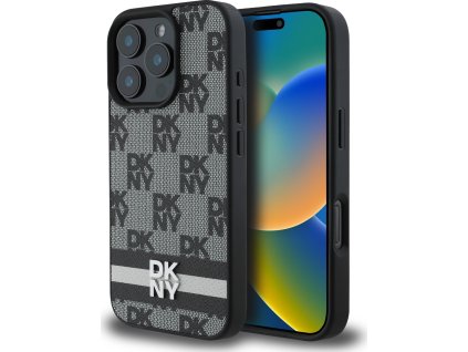 DKNY PU Leather Checkered Pattern and Stripe Zadný Kryt pre iPhone 16 Pro Max Black