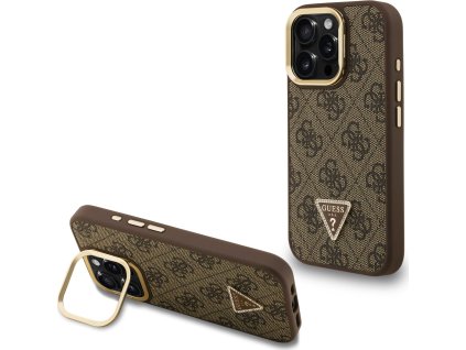 Guess PU 4G Strass Triangle Logo Stand Camera Frame MagSafe Zadní Kryt pro iPhone 16 Pro Max Brown