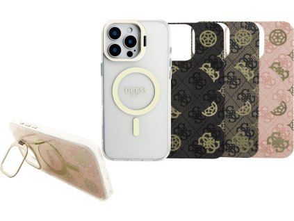 Guess PC/TPU Electroplated Stand Camera Frame MagSafe Zadní Kryt s Vyměnitelným Pozadím pro iPhone 16 Pro Max