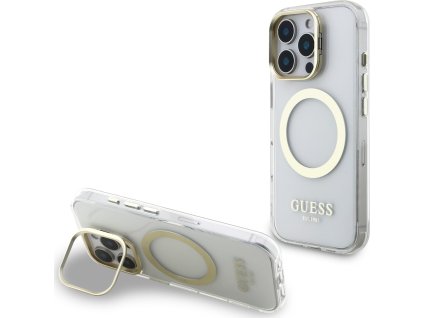 Guess IML Gold Outline Stand Camera Frame MagSafe Zadný Kryt pre iPhone 16 Pro Max Transparent