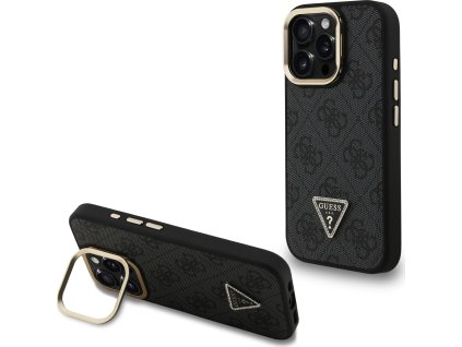 Guess PU 4G Strass Triangle Logo Stand Camera Frame MagSafe Zadní Kryt pro iPhone 16 Pro Black