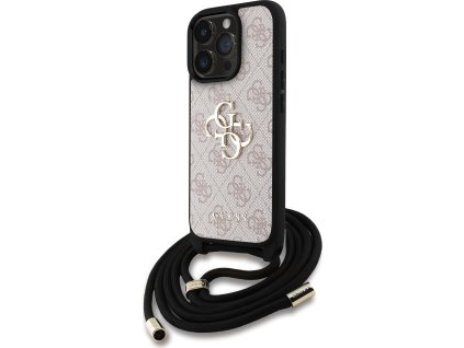 Guess PU 4G Metal Logo Crossbody Popruh Zadní Kryt pro iPhone 16 Pro Pink