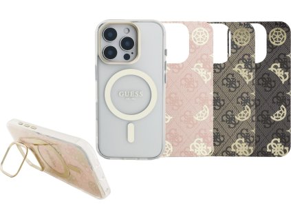 Guess PC/TPU Electroplated Stand Camera Frame MagSafe Zadný Kryt s Vymeniteľným Pozadím pre iPhone 16 Pro