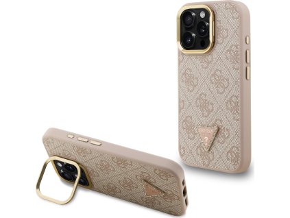 Guess PU 4G Strass Triangle Logo Stand Camera Frame MagSafe Zadní Kryt pro iPhone 16 Pro Pink