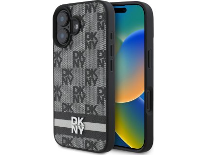DKNY PU Leather Checkered Pattern and Stripe Zadný Kryt pre iPhone 16 Black