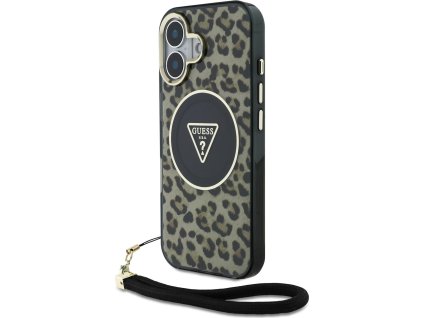 Guess IML Leopard Triangle Logo Strap MagSafe Zadný Kryt pre iPhone 16 Brown