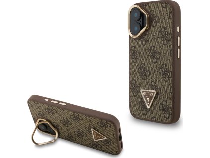 Guess PU 4G Strass Triangle Logo Stand Camera Frame MagSafe Zadní Kryt pro iPhone 16 Brown