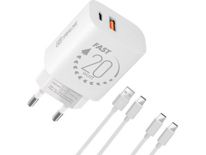 OBAL:ME Cestovní Nabíječka USB-A + USB-C 20W + 2x kabel 1m White