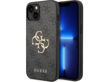 Guess PU 4G Metal Logo Zadný Kryt pre iPhone 15 Grey