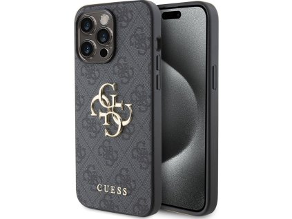 Guess PU 4G Metal Logo Zadný Kryt pre iPhone 15 Pro Max Grey