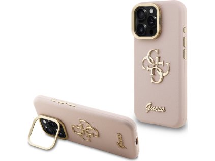 Guess PU Grained 4G Logo Stand Camera Frame Zadný Kryt pre iPhone 16 Pro Max Pink