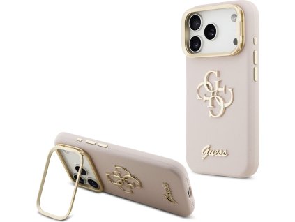 Guess PU Grained 4G Logo Stand Camera Frame Zadný Kryt pre iPhone 17 Pro Pink
