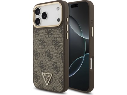 Guess PU Leather 4G Strass Triangle Logo Gold Frame MagSafe Zadný Kryt pre iPhone 17 Pro Max Brown