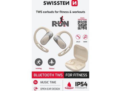BLUETOOTH TWS SLUCHÁTKA SWISSTEN NA BĚHÁNÍ OPEN EAR BÉŽOVÁ