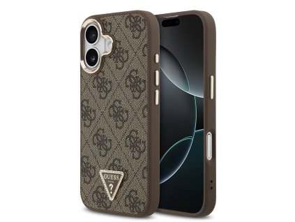 Guess PU Leather 4G Strass Triangle Logo Gold Frame MagSafe Zadný Kryt pre iPhone 17 Brown