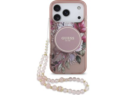 Guess IML Flowers Strap MagSafe Zadní Kryt pro iPhone 17 Pro Pink