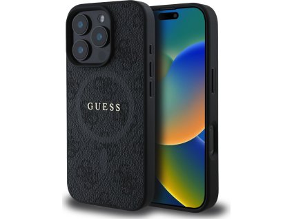 Guess PU Leather 4G Colored Ring MagSafe Zadní Kryt pro iPhone 16 Pro Black