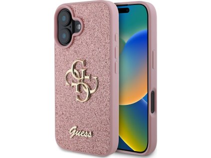 Guess PU Fixed Glitter 4G Metal Logo Zadní Kryt pro iPhone 16 Pink