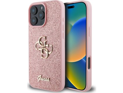 Guess PU Fixed Glitter 4G Metal Logo Zadní Kryt pro iPhone 16 Pro Max Pink