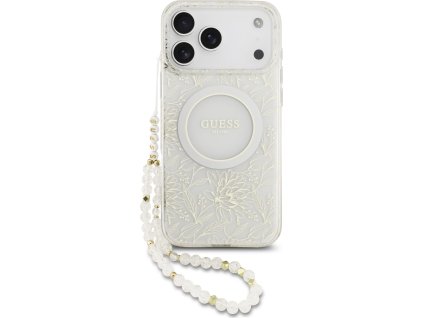 Guess IML Flowers Allover Strap MagSafe Zadní Kryt pro iPhone 17 Pro Max White