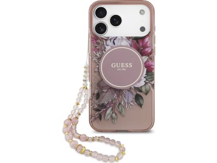 Guess IML Flowers Strap MagSafe Zadní Kryt pro iPhone 17 Pro Max Pink