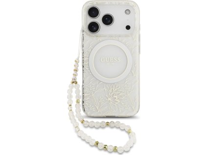 Guess IML Flowers Allover Strap MagSafe Zadní Kryt pro iPhone 17 Pro White