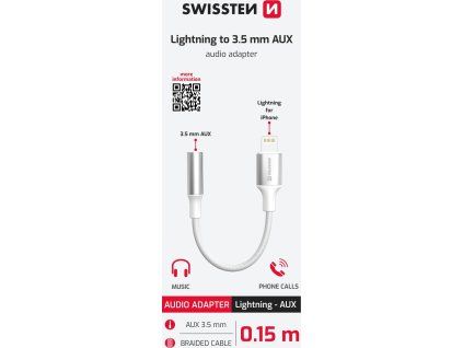 AUDIO ADAPTÉR SWISSTEN TEXTILE LIGHTNING (samec) / 3,5 mm AUX 0,15 M BIELÝ