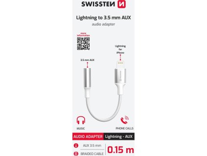 AUDIO ADAPTÉR SWISSTEN TEXTILE LIGHTNING (samec) / 3,5mm AUX 0,15 M BÍLÝ