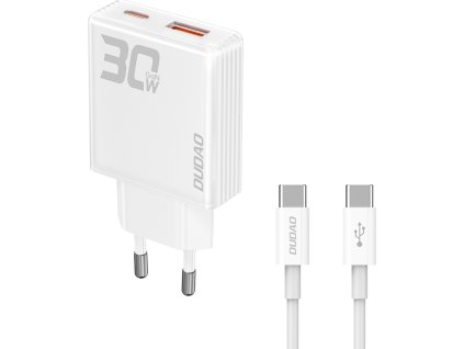 GaN Dudao A30EUT 30W USB-A / USB-C nabíječka do zásuvky + USB-C - USB-C kabel - bílá