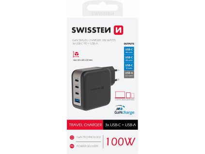 SWISSTEN SÍŤOVÝ ADAPTÉR GaN 3x USB-C 100W PD + 1x USB-A 18W QC ČERNÝ