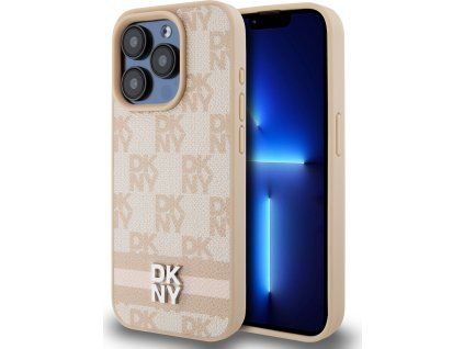 DKNY PU Leather Checkered Pattern and Stripe Zadný Kryt pre iPhone 13 Pro Max Pink