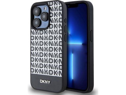 DKNY PU Leather Repeat Pattern Bottom Stripe MagSafe Zadný Kryt pre iPhone 13 Pro Max, čierny