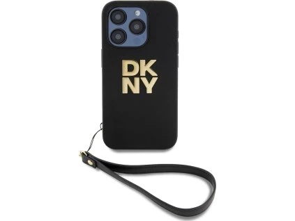 DKNY PU Leather Stack Logo Wrist Strap Zadní Kryt pro iPhone 14 Pro Max Black