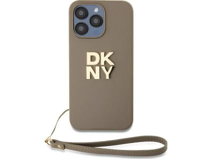 DKNY PU Leather Stack Logo Wrist Strap Zadní Kryt pro iPhone 14 Pro Max Beige