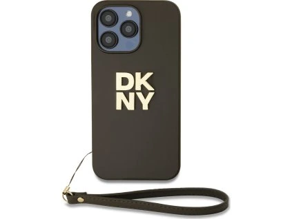DKNY PU Leather Stack Logo Wrist Strap Zadní Kryt pro iPhone 14 Pro Max Brown