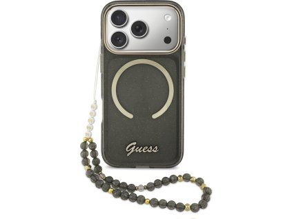Guess IML Glitter Script Strap MagSafe Zadný Kryt pre iPhone 17 Pro Black