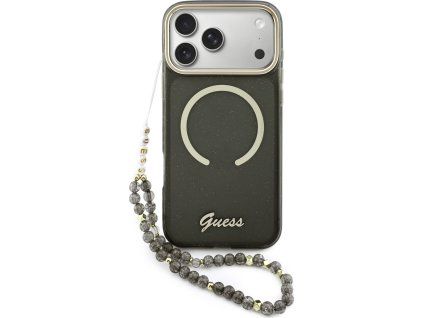 Guess IML Glitter Script Strap MagSafe Zadný Kryt pre iPhone 17 Pro Max Black