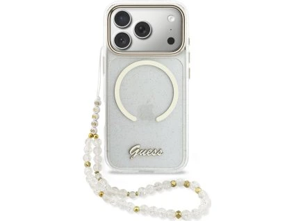 Guess IML Glitter Script Strap MagSafe Zadní Kryt pro iPhone 17 Pro Max Transparent