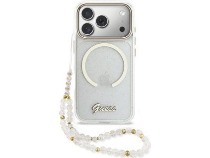 Guess IML Glitter Script Strap MagSafe Zadný Kryt pre iPhone 17 Pro Max Transparent