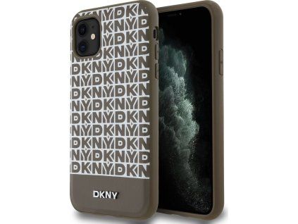 DKNY PU Leather Repeat Pattern Bottom Stripe MagSafe Zadný Kryt pre iPhone 11 Brown