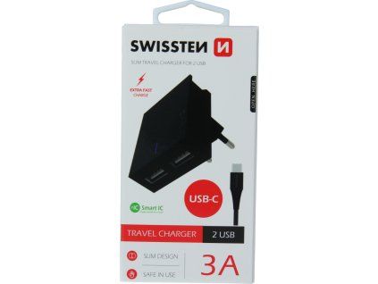 SWISSTEN SIEŤOVÝ ADAPTÉR SMART IC 2x USB 3A POWER + DÁTOVÝ KÁBEL USB / TYPE C 1,2 M ČIERNY