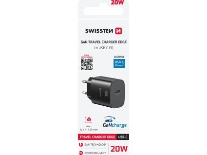 SWISSTEN SÍŤOVÝ ADAPTÉR EDGE GaN 1x USB-C PD 20W ČERNÝ