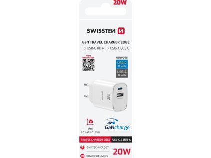 SWISSTEN SÍŤOVÝ ADAPTÉR EDGE GaN 1x USB-C PD 20W + 1x USB-A 18W QC BÍLÝ